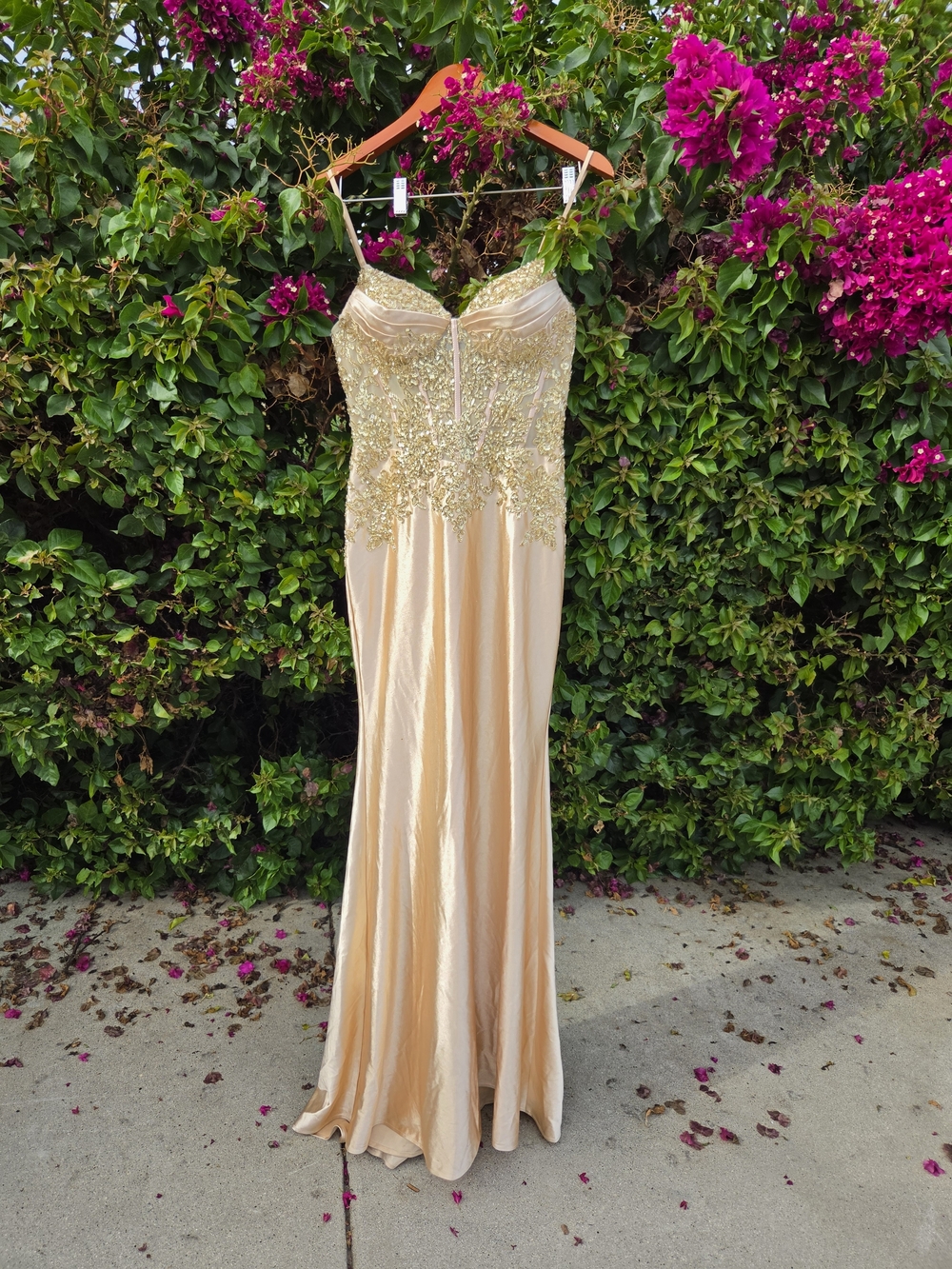 Champagne Gold Beaded Corset Evening Gown Women's 4 Satin Sequin Prom Formal